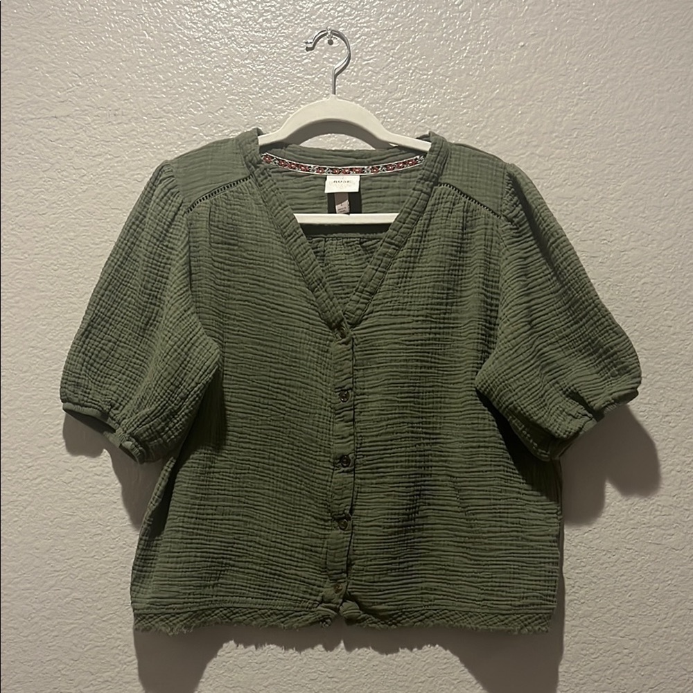Knox Rose Women's Green Cotton V-Neck Short‎ Sleeve Button Front Blouse Size L